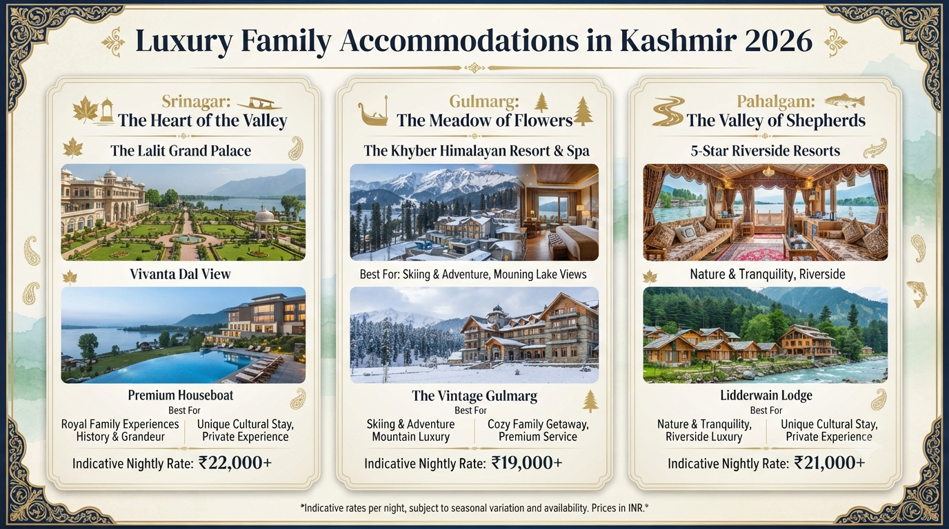 Luxury Srinagar to Pahalgam family tour packages with flights - luxury accommodations infographic Srinagar Gulmarg Pahalgam 5-star resorts
