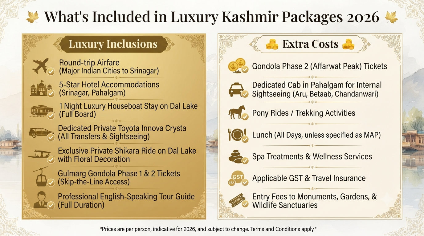 Luxury Srinagar to Pahalgam family tour packages with flights - luxury inclusions vs extra costs infographic premium Kashmir package