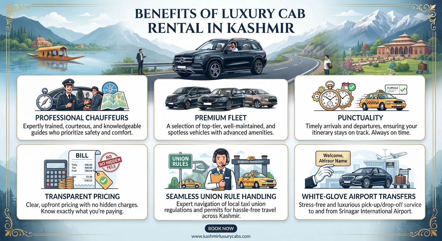 Luxury Cab Rental Kashmir 2026 | ₹5,000 | Premium SUV | Book Now 8 Luxury cab rental Kashmir 2026 - benefits infographic
