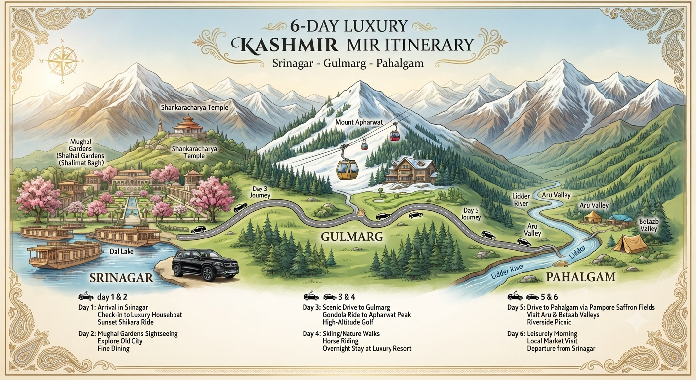 Luxury Cab Rental Kashmir 2026 | ₹5,000 | Premium SUV | Book Now 10 Luxury cab rental Kashmir 2026 - complete luxury itinerary map