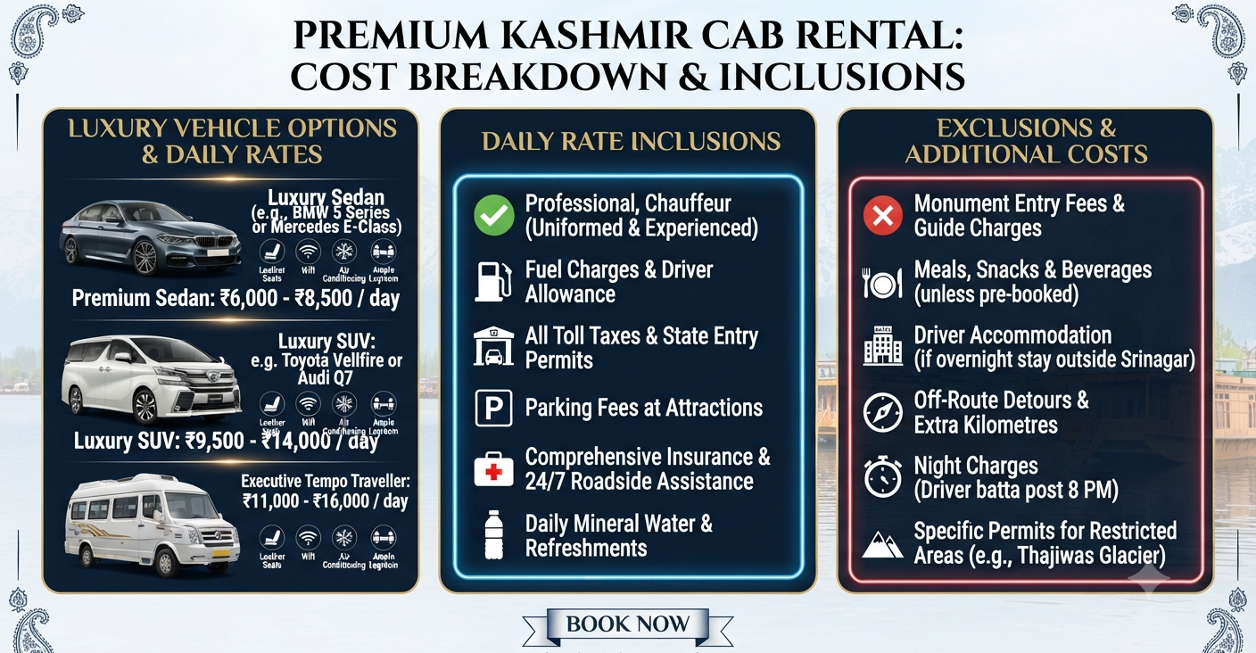 Luxury Cab Rental Kashmir 2026 | ₹5,000 | Premium SUV | Book Now 9 Luxury cab rental Kashmir 2026 - complete pricing and inclusions infographic