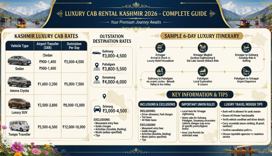 Luxury cab rental Kashmir 2026 infographic - vehicle rates, itinerary, inclusions