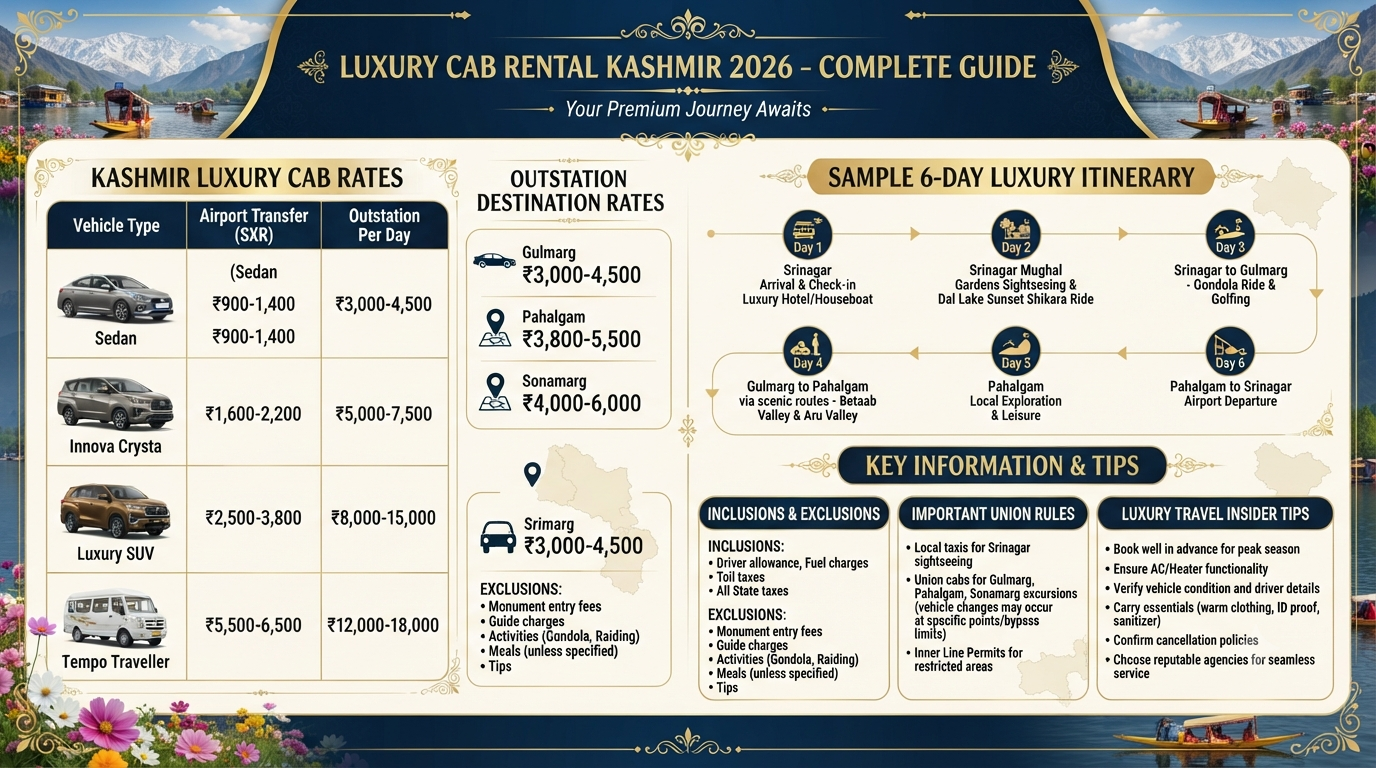 Luxury cab rental Kashmir 2026 infographic - vehicle rates, itinerary, inclusions