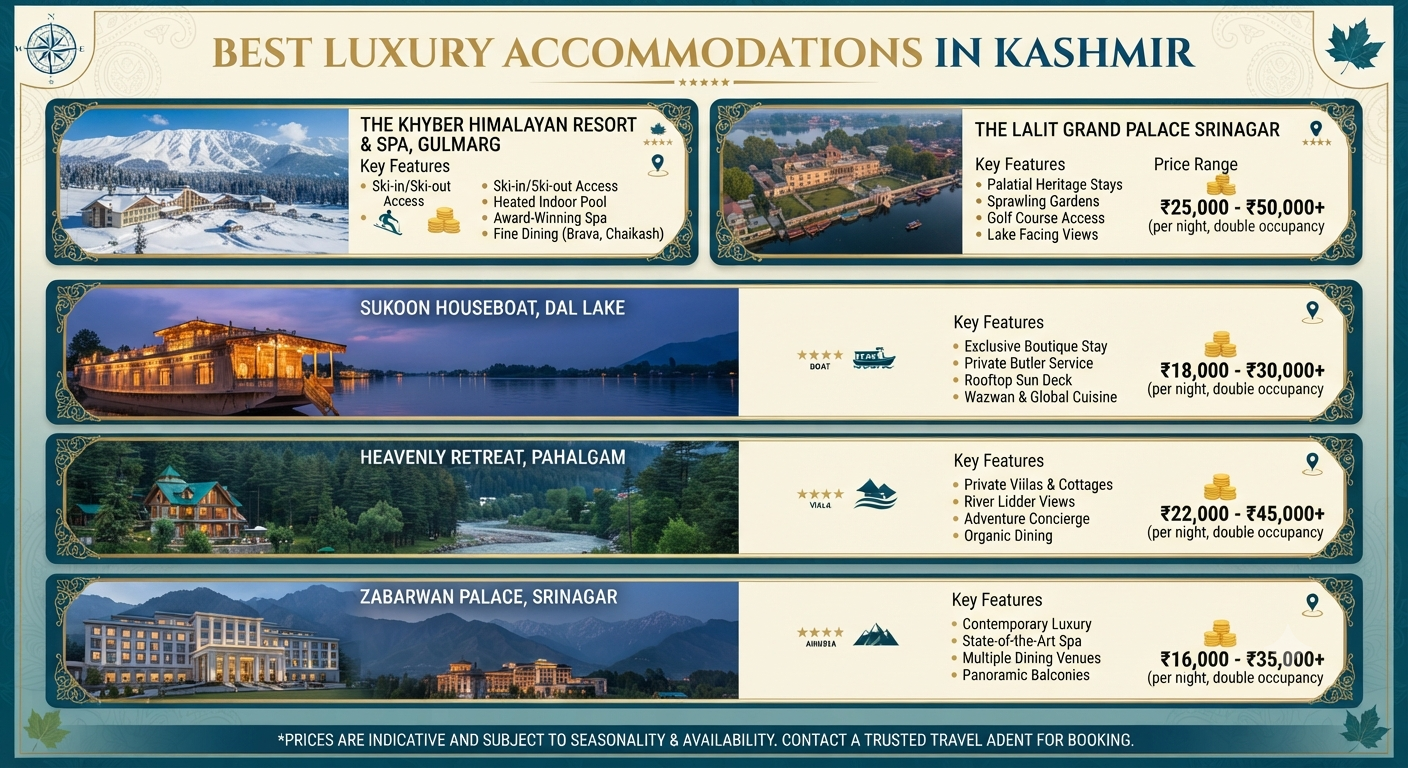 Luxury summer retreat Kashmir 2026 infographic showing best luxury accommodations for a luxury summer retreat in Kashmir