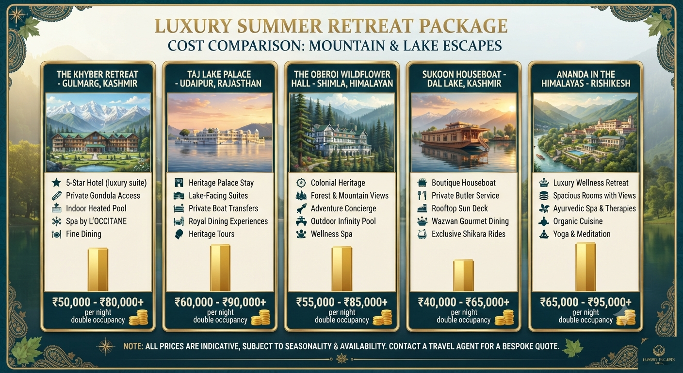 Luxury summer retreat Kashmir 2026 package pricing infographic for a luxury summer retreat in Kashmir