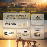 Luxury summer retreat Kashmir 2026 - Premium pricing infographic with palace and Dal Lake