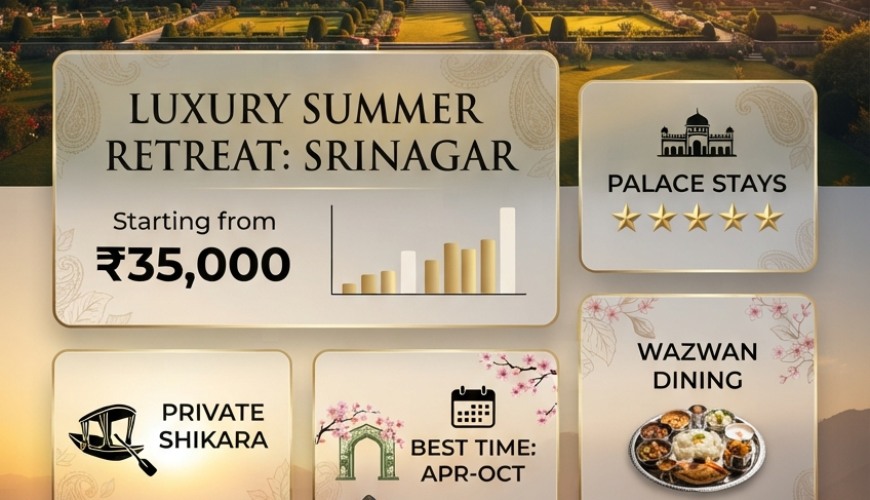 Luxury summer retreat Kashmir 2026 - Premium pricing infographic with palace and Dal Lake