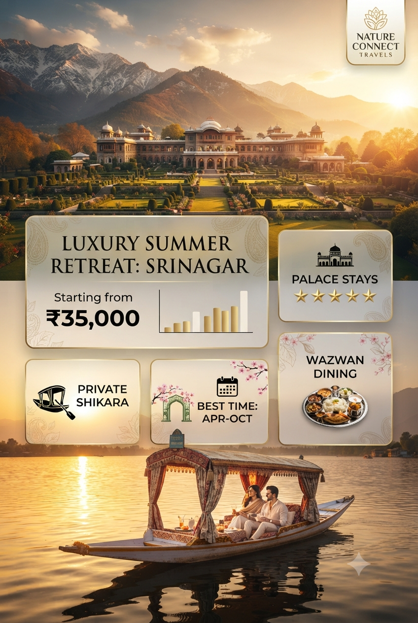 Luxury summer retreat Kashmir 2026 - Premium pricing infographic with palace and Dal Lake