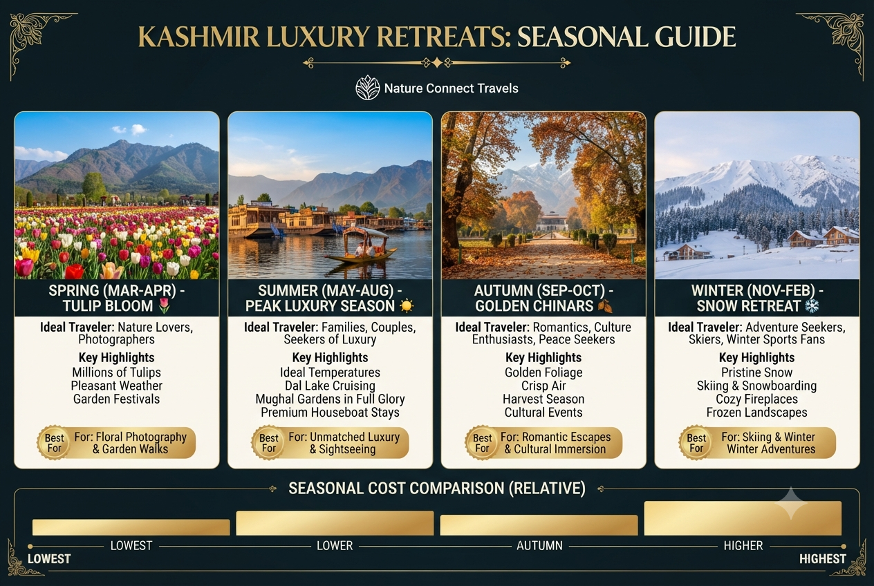 Luxury summer retreat Kashmir 2026 seasonal comparison infographic for a luxury summer retreat in Kashmir
