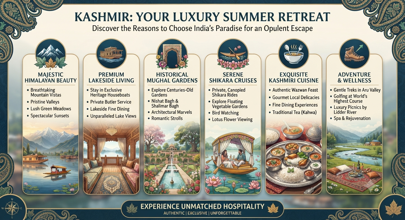Luxury summer retreat Kashmir 2026 infographic showing why choose Kashmir for a luxury summer retreat in Kashmir