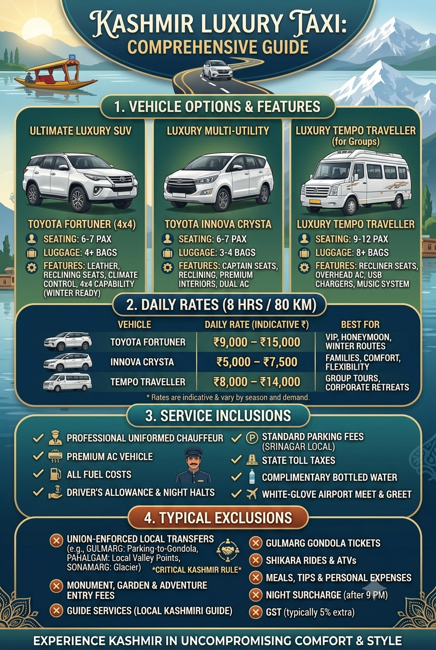 Luxury taxi Kashmir 2026 - complete pricing and inclusions infographic