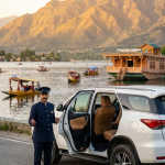 Luxury taxi Kashmir 2026 - professional chauffeur with premium Fortuner SUV on Dal Lake at golden hour