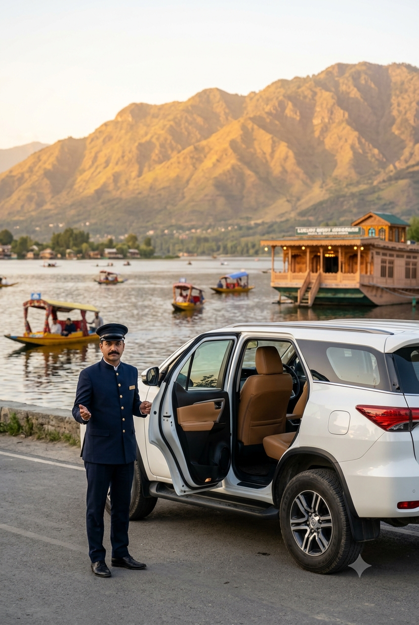Luxury taxi Kashmir 2026 - professional chauffeur with premium Fortuner SUV on Dal Lake at golden hour