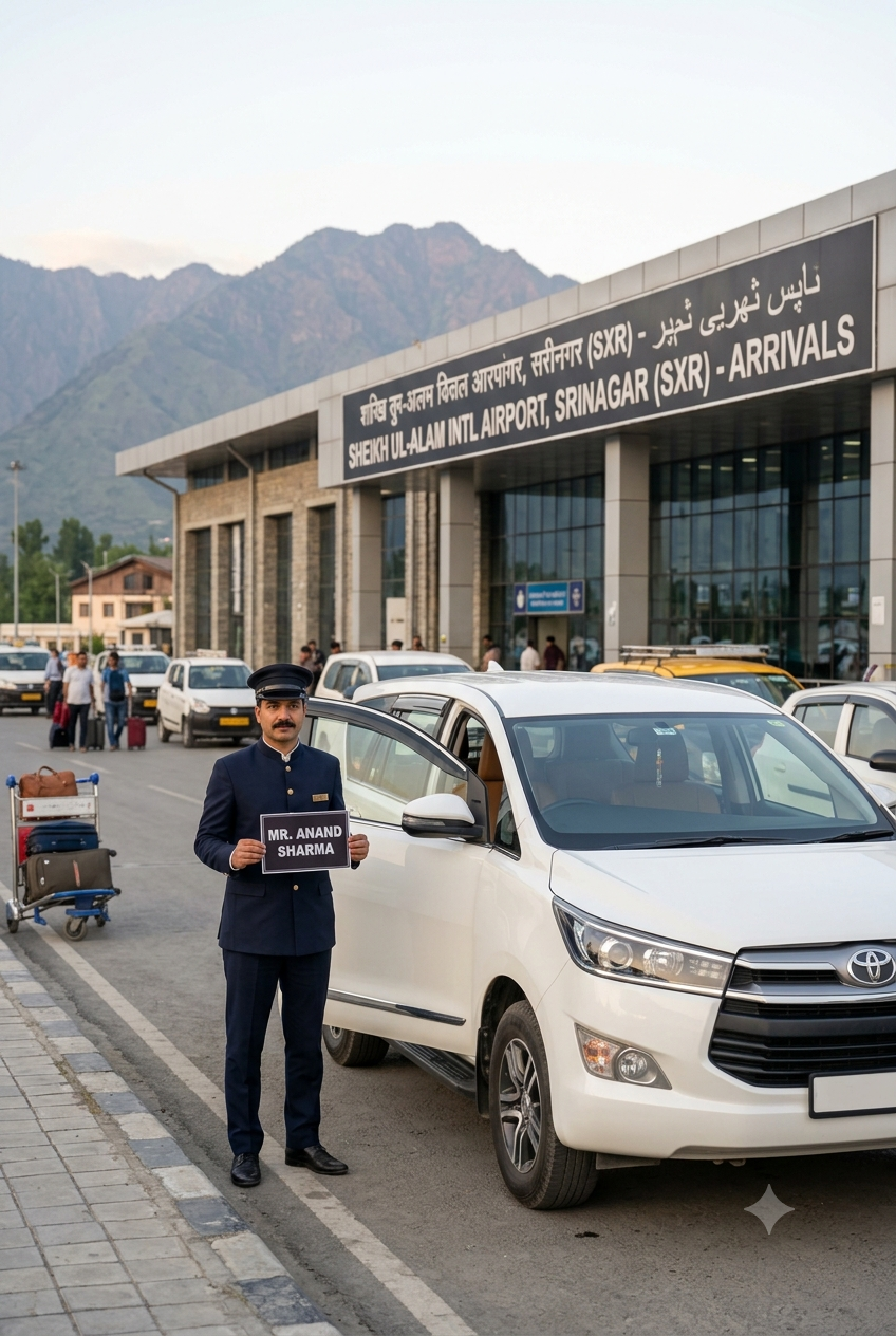 Luxury taxi Kashmir 2026 - professional chauffeur with premium Innova Crysta at Srinagar Airport