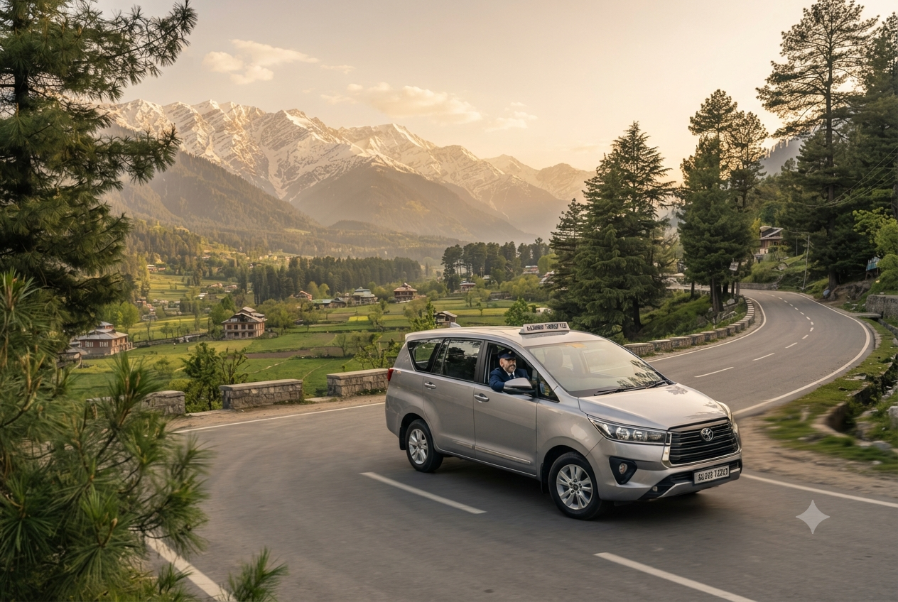  Luxury taxi Kashmir price per day 2026 - Innova Crysta on scenic Kashmir road