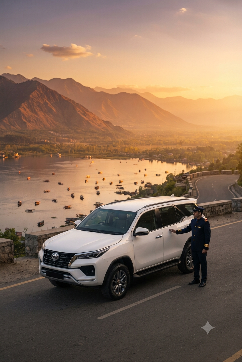 Luxury taxi Kashmir price per day 2026 - Toyota Fortuner premium SUV on Kashmir mountain road with driver