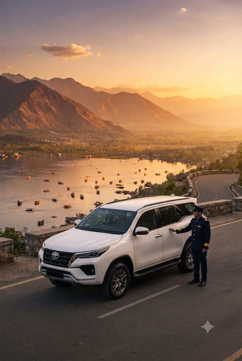 Luxury taxi Kashmir price per day 2026 - Toyota Fortuner premium SUV on Kashmir mountain road