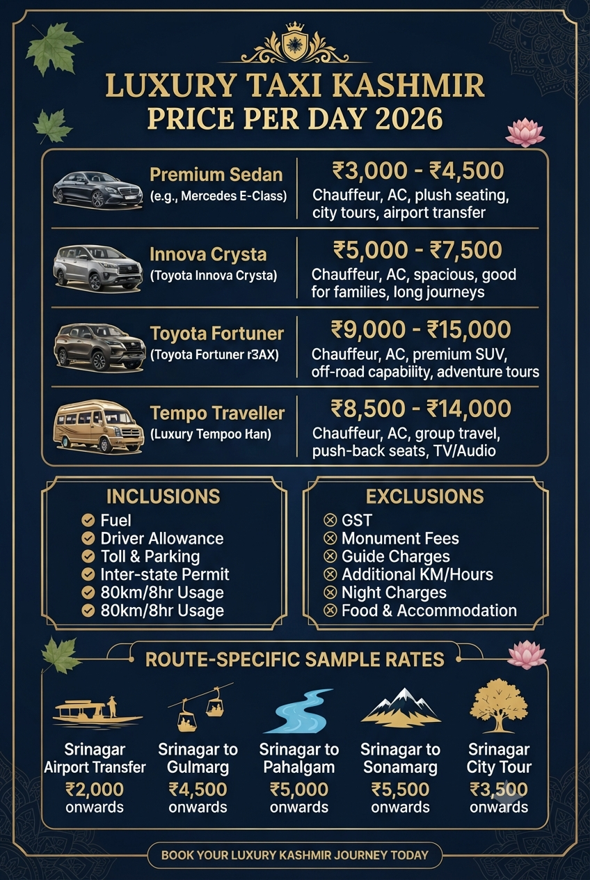 Luxury taxi Kashmir price per day 2026 infographic - vehicle options and rates
