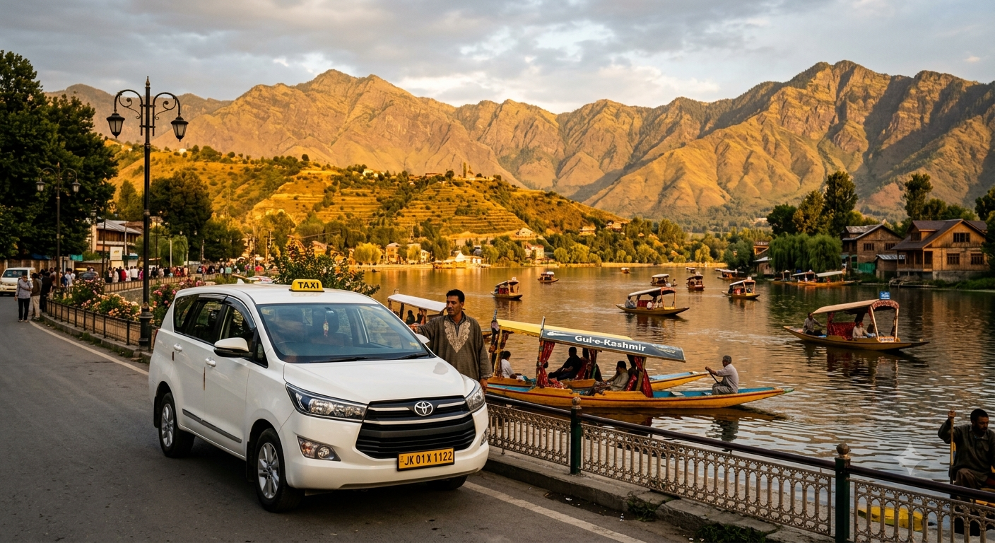 Luxury taxi services in Kashmir 2026 - Innova Crysta on Dal Lake with mountains and shikaras