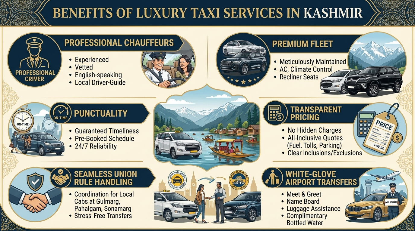 Luxury taxi services in Kashmir 2026 - benefits infographic