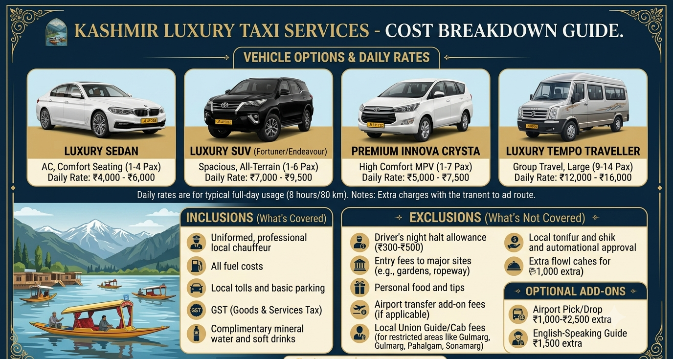 Luxury taxi services in Kashmir 2026 - complete pricing and inclusions infographic