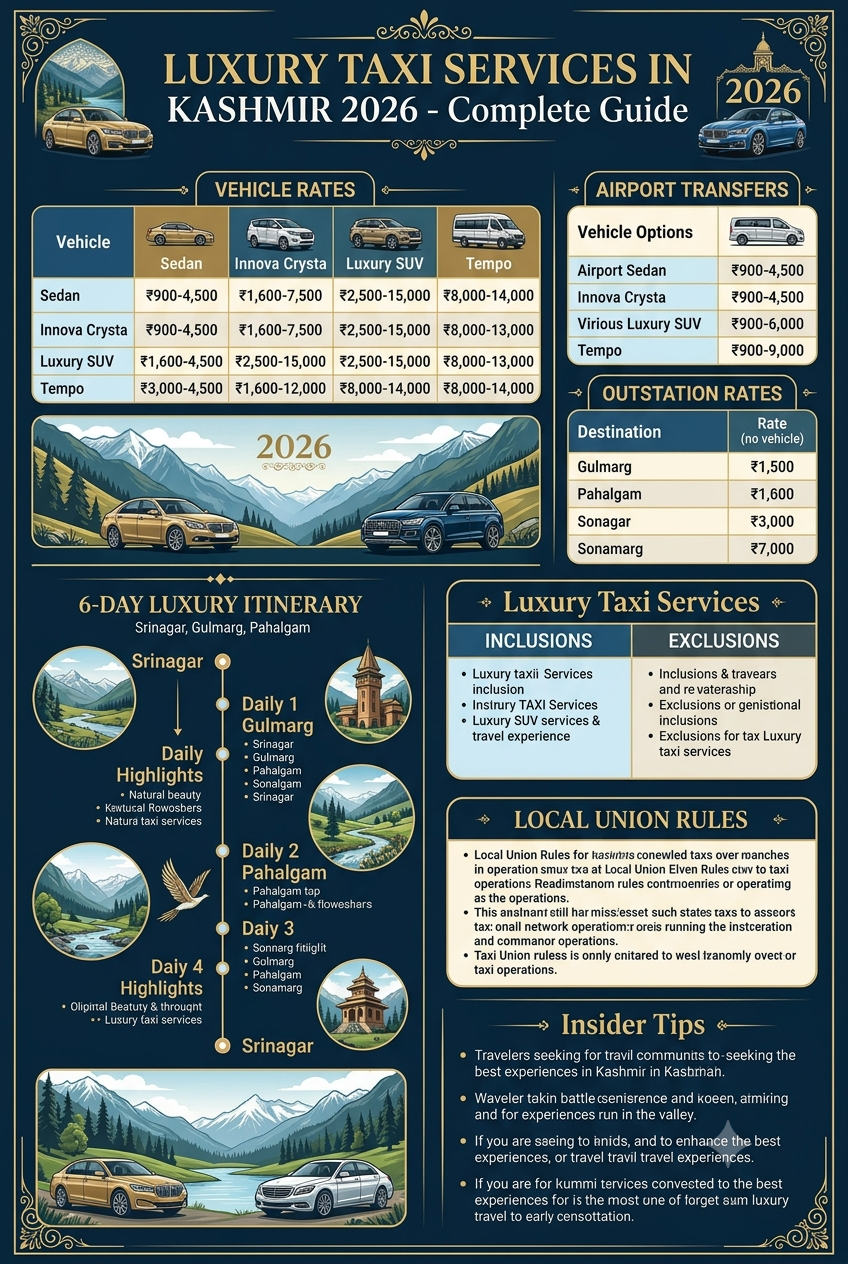 Luxury taxi services in Kashmir 2026 infographic - vehicle rates, itinerary, inclusions