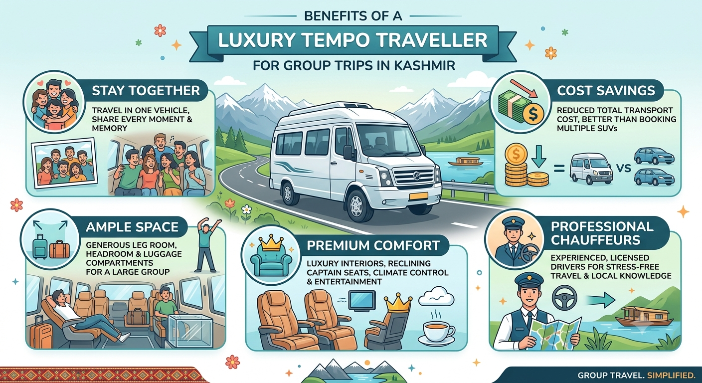 Luxury Tempo Traveller Kashmir for Group 2026 | ₹5,500/Day | Book Now 8 Luxury tempo traveller Kashmir for group 2026 - Urbania group tour vehicle on mountain road with happy travelers