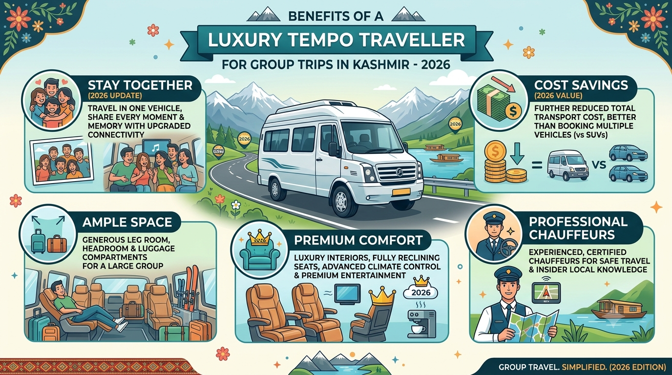 Luxury Tempo Traveller Kashmir for Group 2026 | ₹5,500/Day | Book Now 9 Luxury tempo traveller Kashmir for group 2026 - benefits infographic