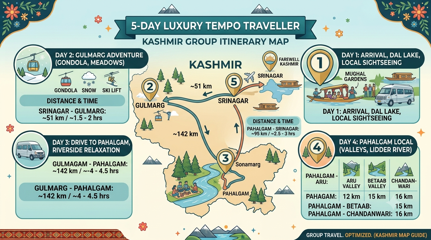 Luxury Tempo Traveller Kashmir for Group 2026 | ₹5,500/Day | Book Now 11 Luxury tempo traveller Kashmir for group 2026 - complete group itinerary map
