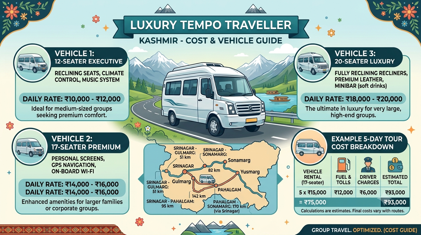 Luxury Tempo Traveller Kashmir for Group 2026 | ₹5,500/Day | Book Now 10 Luxury tempo traveller Kashmir for group 2026 - complete rate card and route guide infographic