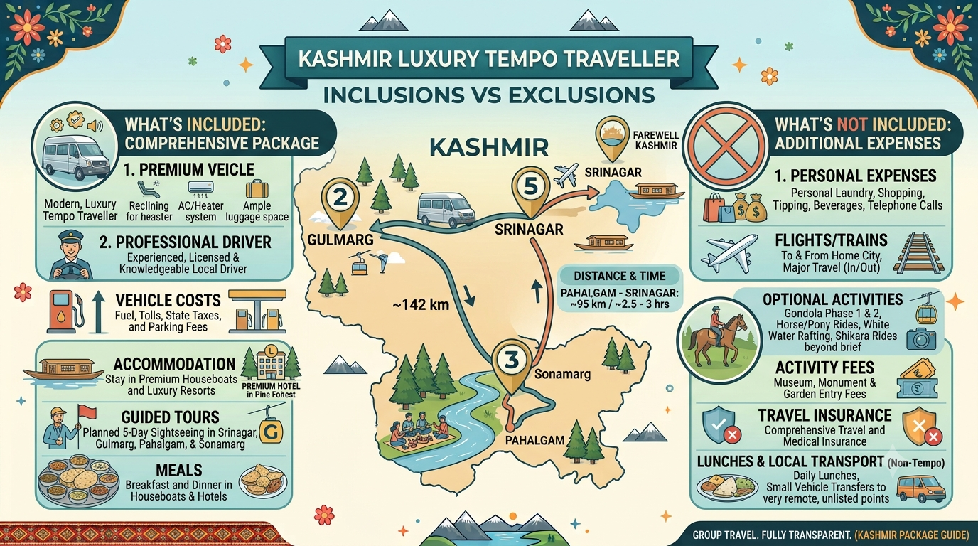 Luxury Tempo Traveller Kashmir for Group 2026 | ₹5,500/Day | Book Now 12 Luxury tempo traveller Kashmir for group 2026 - inclusions and exclusions infographic