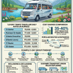 Luxury tempo traveller Kashmir for group 2026 infographic - vehicle rates, routes, itinerary, inclusions