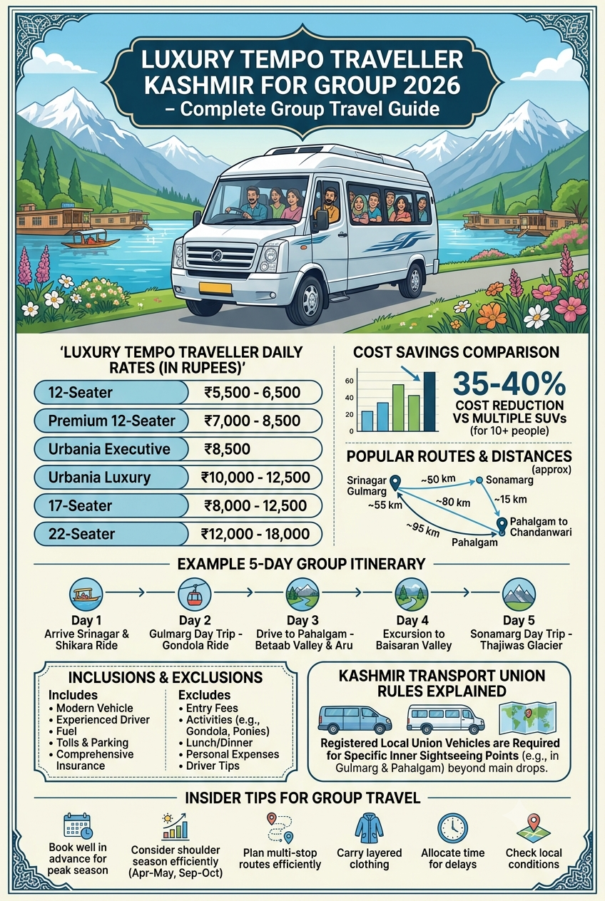 Luxury tempo traveller Kashmir for group 2026 infographic - vehicle rates, routes, itinerary, inclusions