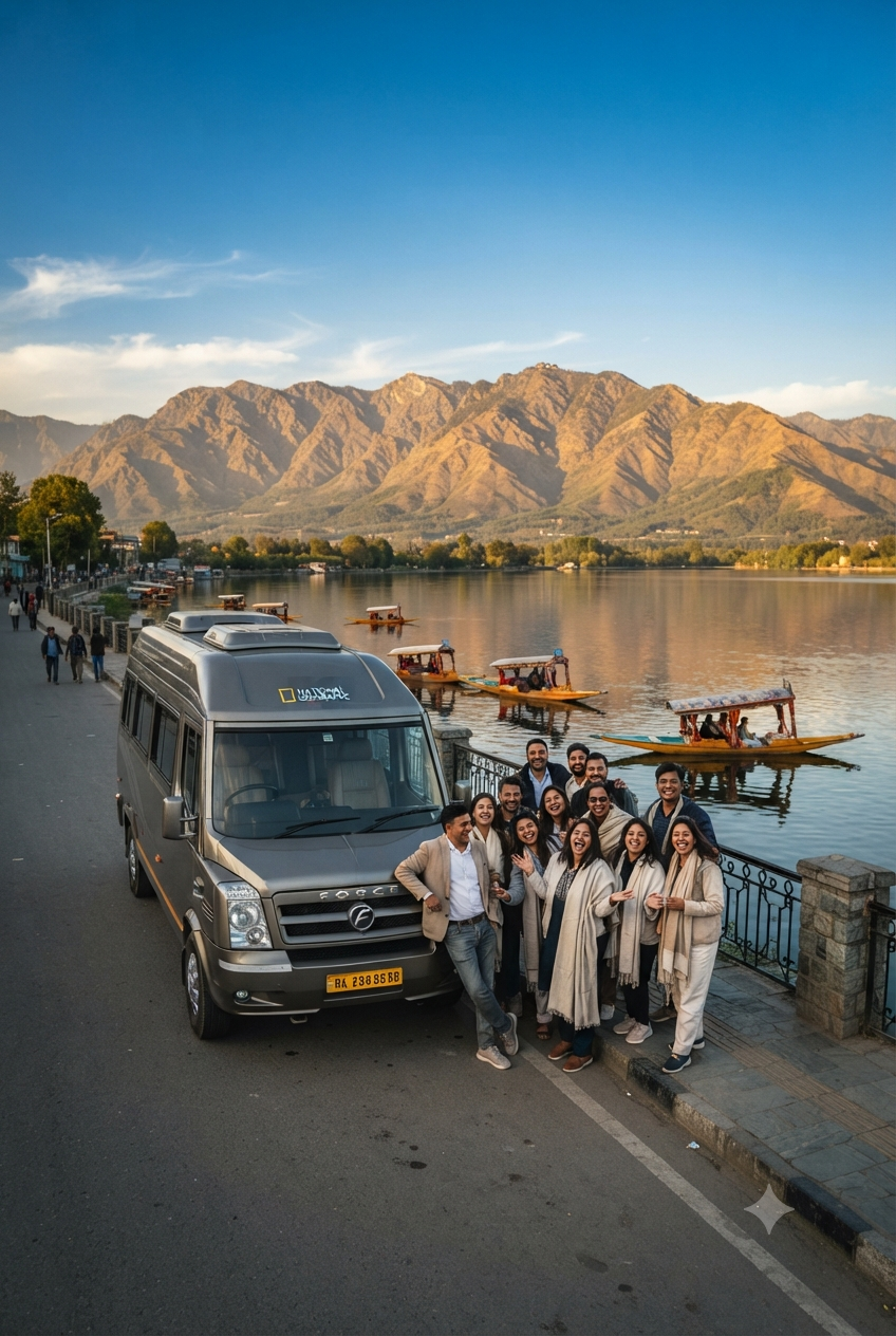 Luxury tempo traveller Srinagar 2026 - Urbania group tour vehicle on Dal Lake with happy travelers