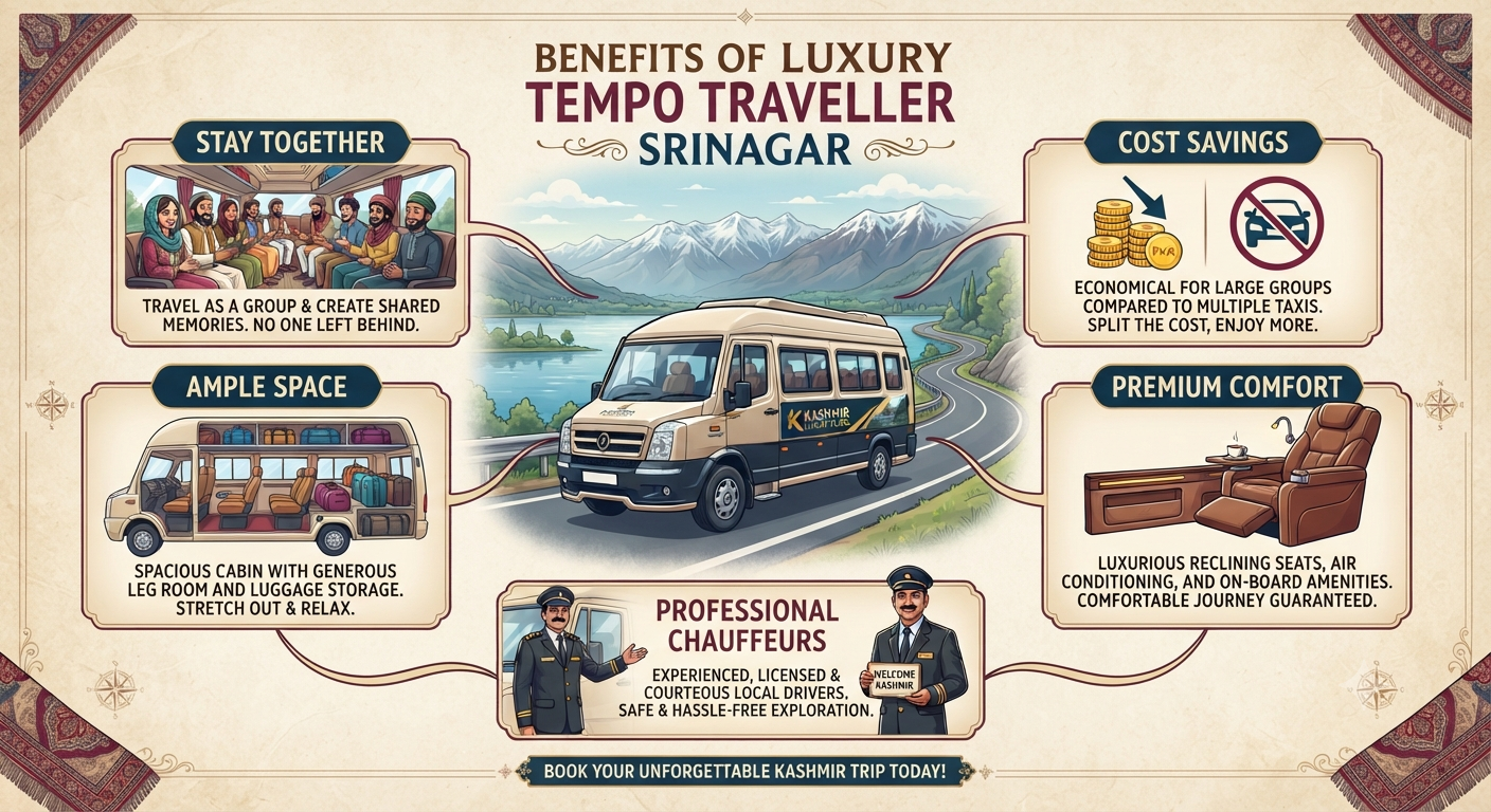Luxury Tempo Traveller Srinagar 2026 | ₹5,500/Day | Group Tours | Book 10 Luxury tempo traveller Srinagar 2026 - benefits infographic
