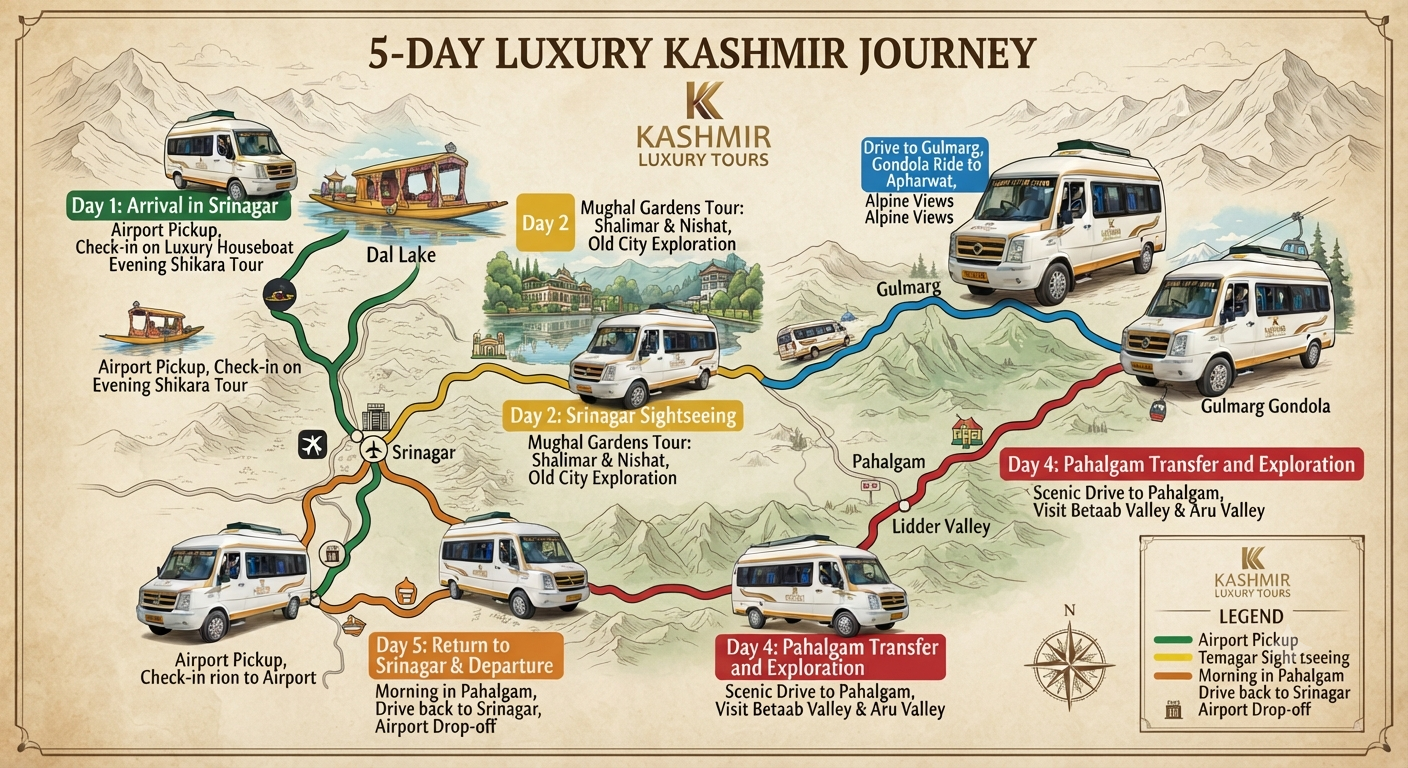Luxury Tempo Traveller Srinagar 2026 | ₹5,500/Day | Group Tours | Book 14 Luxury tempo traveller Srinagar 2026 - complete group itinerary map
