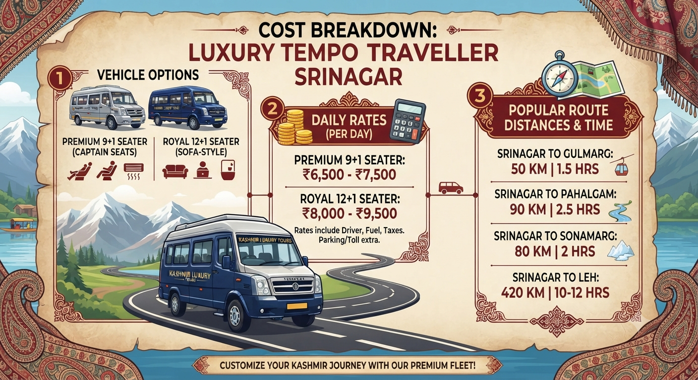 Luxury Tempo Traveller Srinagar 2026 | ₹5,500/Day | Group Tours | Book 11 Luxury tempo traveller Srinagar 2026 - complete rate card and route guide infographic