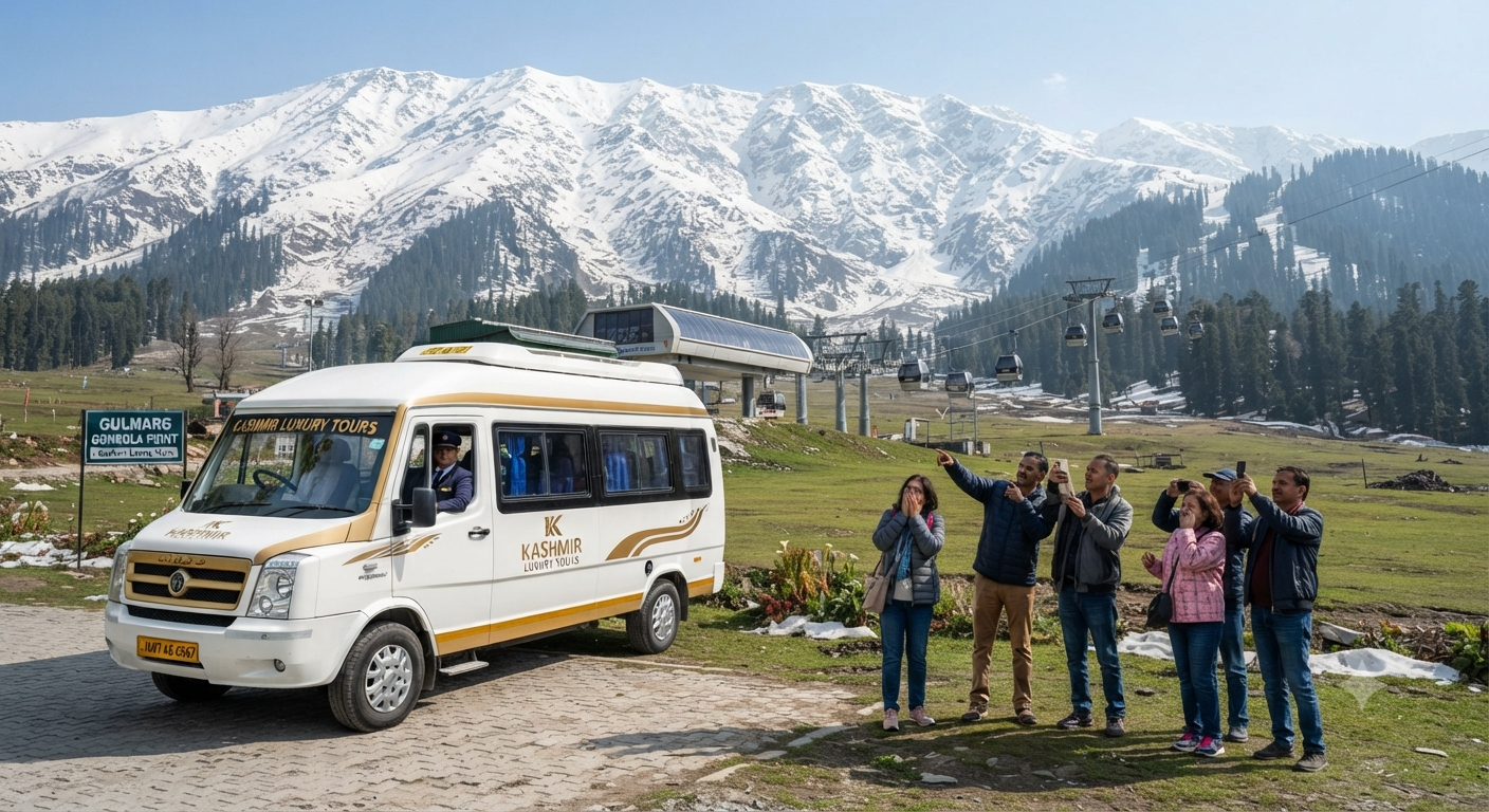 Luxury Tempo Traveller Srinagar 2026 | ₹5,500/Day | Group Tours | Book 13 Luxury tempo traveller Srinagar 2026 - group at Gulmarg with Gondola