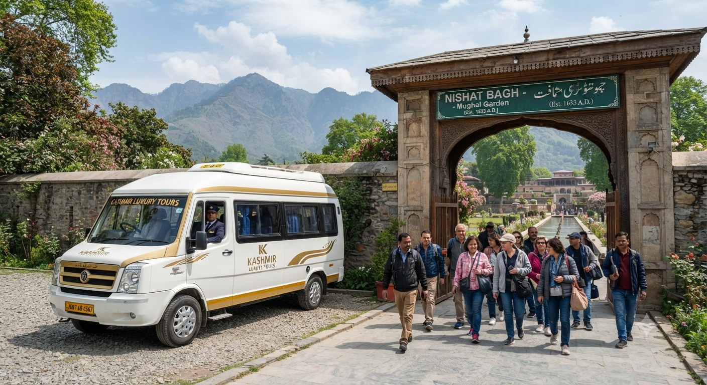 Luxury Tempo Traveller Srinagar 2026 | ₹5,500/Day | Group Tours | Book 12 Luxury tempo traveller Srinagar 2026 - group at Nishat Bagh Mughal Garden
