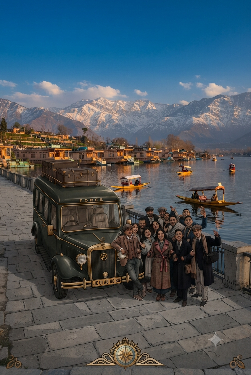 Luxury Tempo Traveller Srinagar 2026 | ₹5,500/Day | Group Tours | Book 9 Luxury tempo traveller Srinagar 2026 - group tour vehicle on Dal Lake with happy travelers
