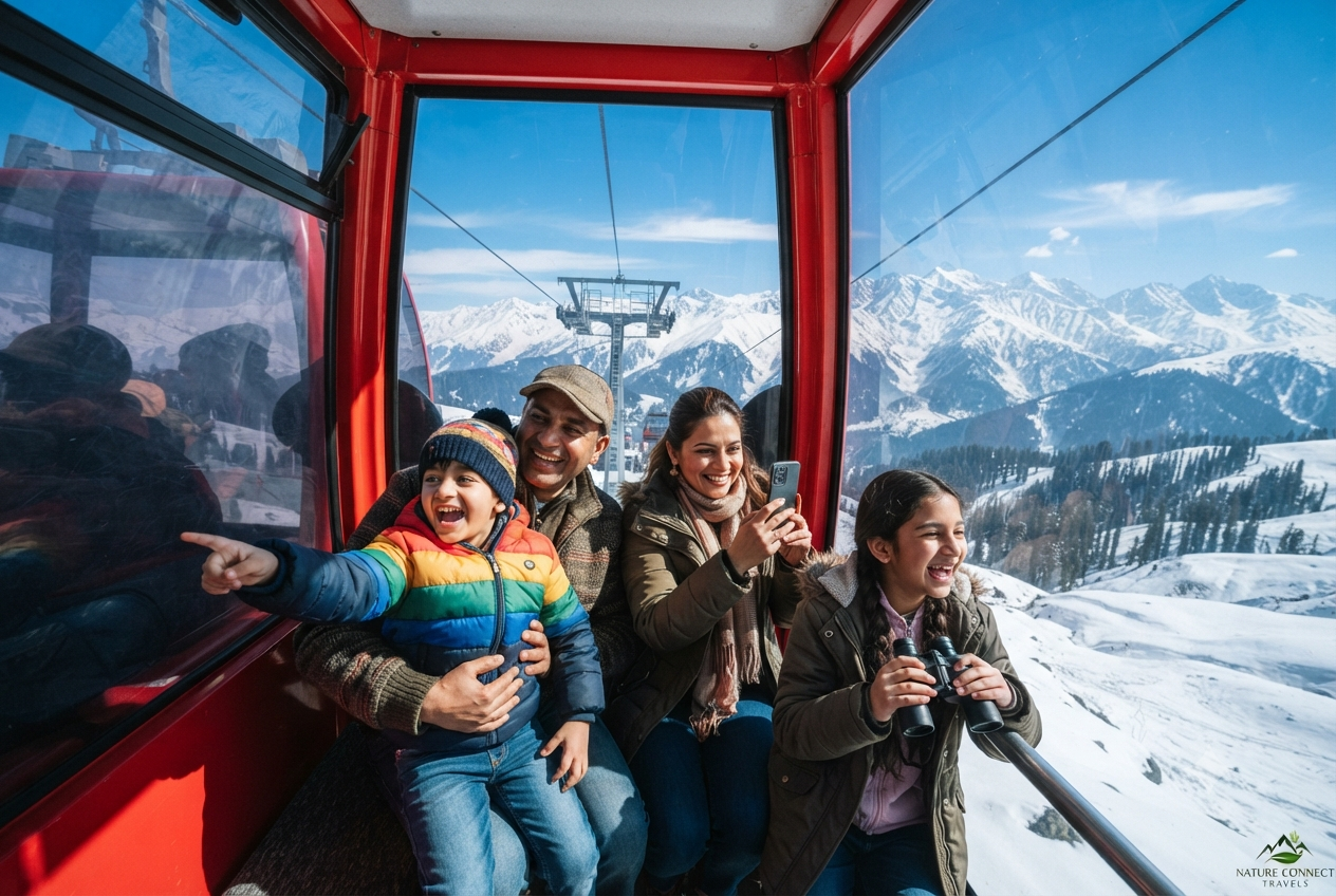Mumbai to Kashmir family trip cost per person 2026 - family enjoying Gulmarg Gondola ride