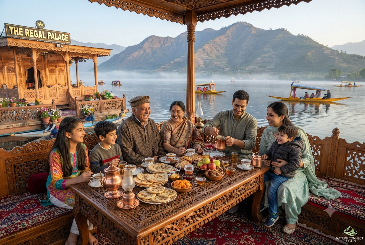 Mumbai to Kashmir family trip cost per person 2026 - family enjoying breakfast on luxury houseboat at Dal Lake

