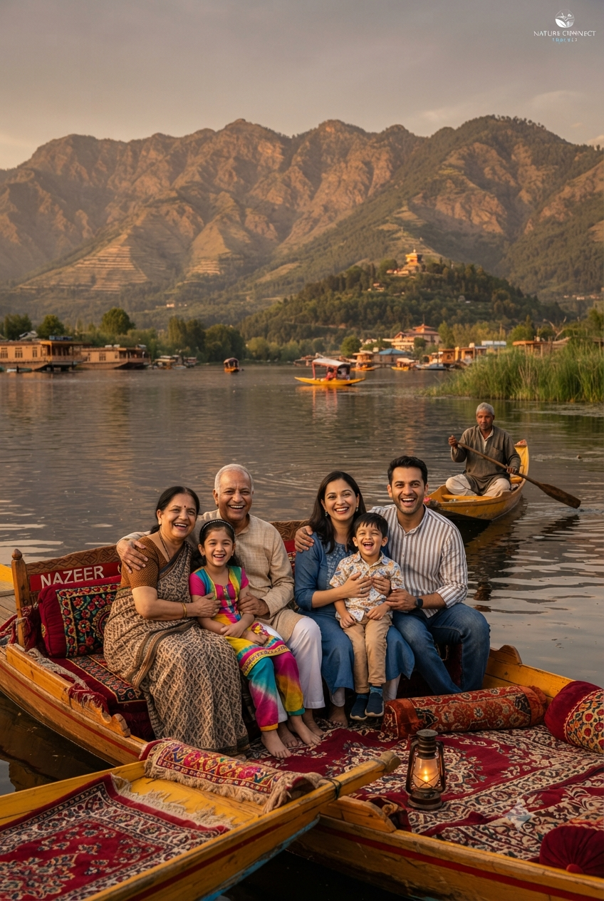 Mumbai to Kashmir family trip cost per person 2026 - family enjoying shikara ride on Dal Lake