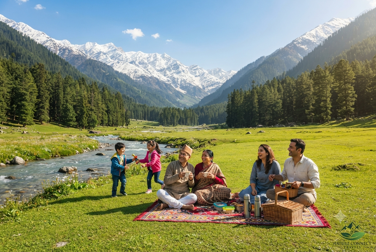 Mumbai to Kashmir family trip cost per person 2026 - family picnic in Betaab Valley Pahalgam

