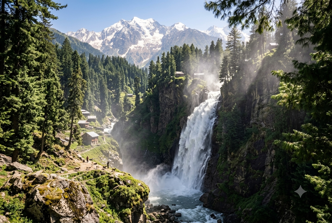 Offbeat places in Kashmir 2026 - Aharbal Waterfall Kashmiri Niagara in forest