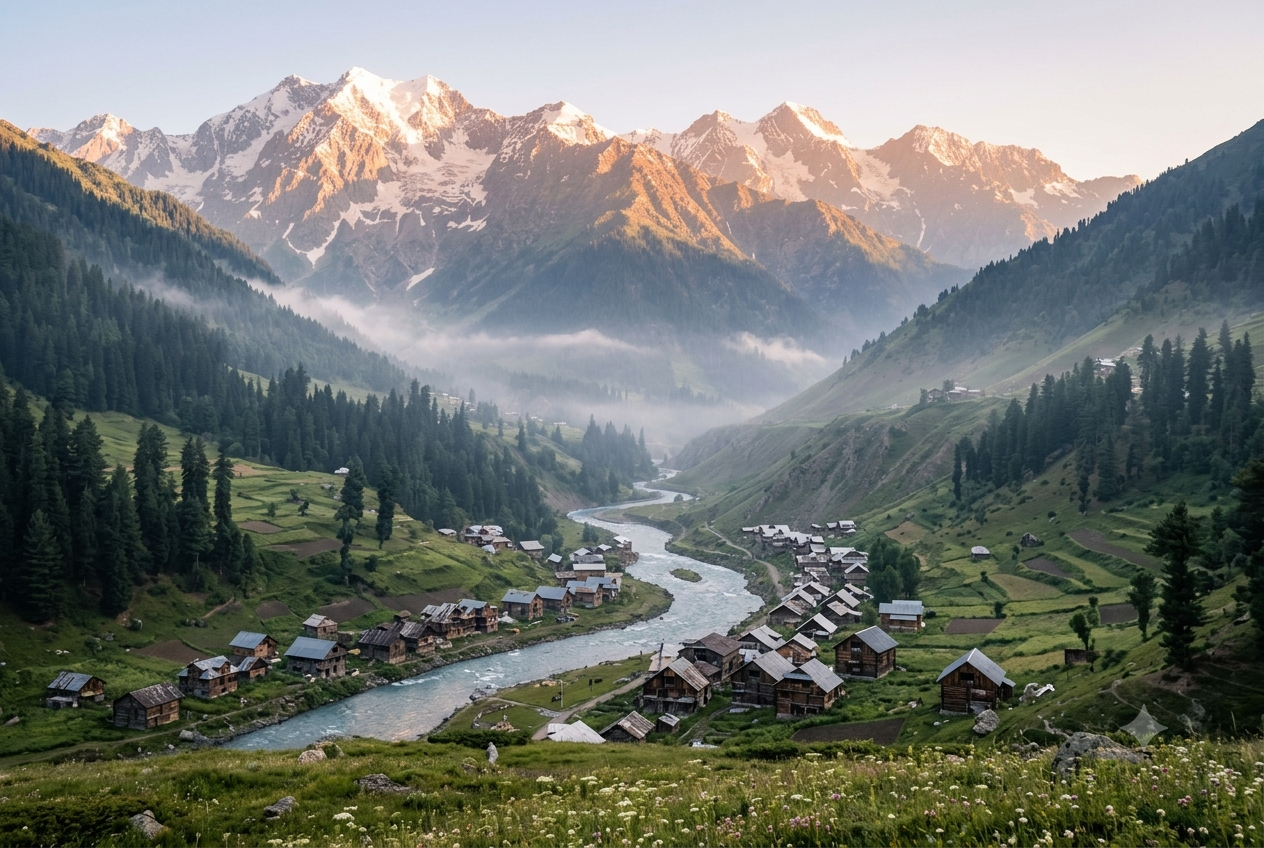 Offbeat places in Kashmir 2026 - Gurez Valley with Kishanganga River and wooden houses