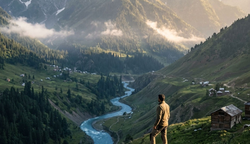Offbeat places in Kashmir 2026 - lone traveler in Gurez Valley with Himalayan peaks