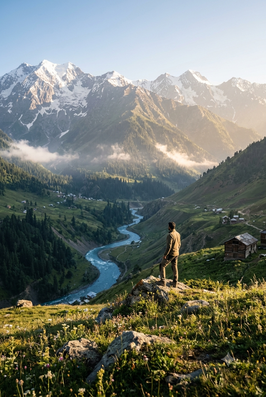 Offbeat places in Kashmir 2026 - lone traveler in Gurez Valley with Himalayan peaks
