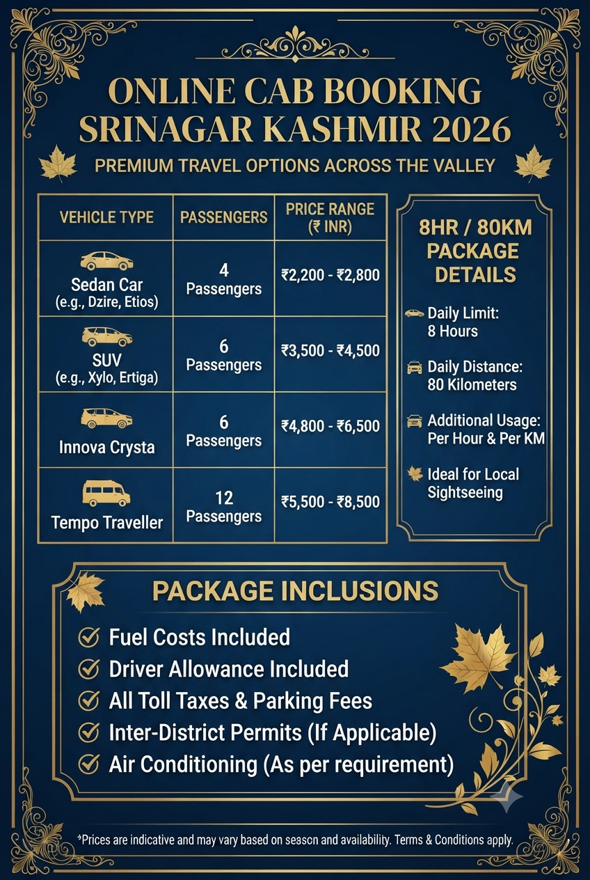 Online cab booking Srinagar Kashmir 2026 infographic - vehicle options and daily rates