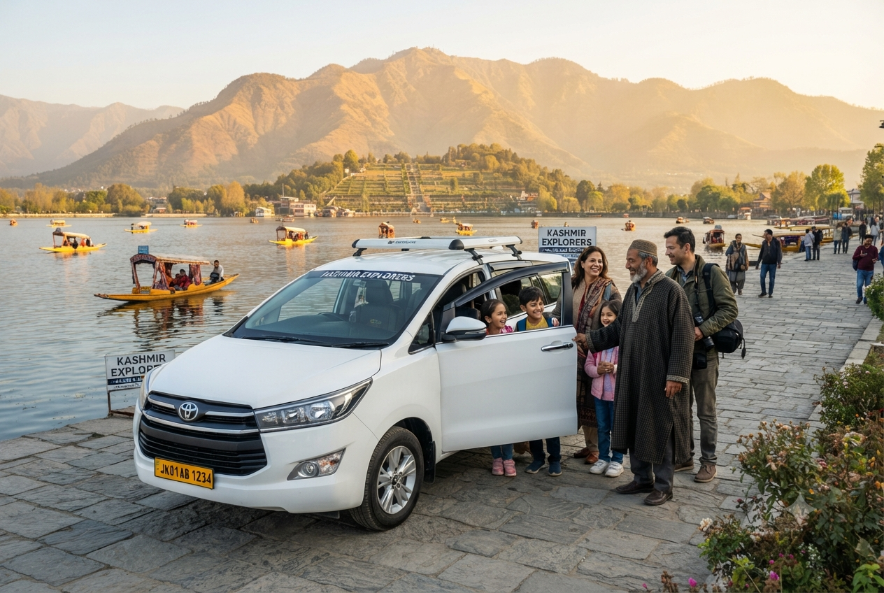 Online cab booking Srinagar Kashmir 2026 - sightseeing taxi at Dal Lake with tourists